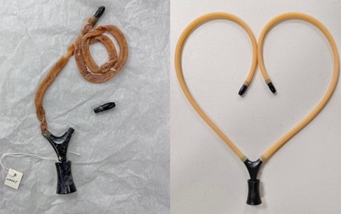 ▲醫用聽診器材質為樛膠、塑膠,乳膠軟管老化、氧化造成表面發黏,結構變軟(左圖),將其修復到恢復功能性(右圖)。(圖/新北市政府原民局提供)